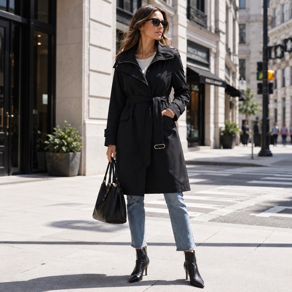 REBECCA MINKOFF New Women's XL Trench Coat‎ Black Belted Luxury Jacket RM-704